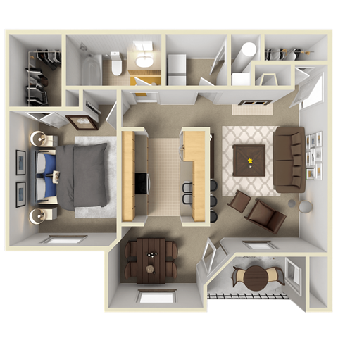 A 3D floor plan of a of one bedroom, one bathroom apartment at Pinnacle Pointe